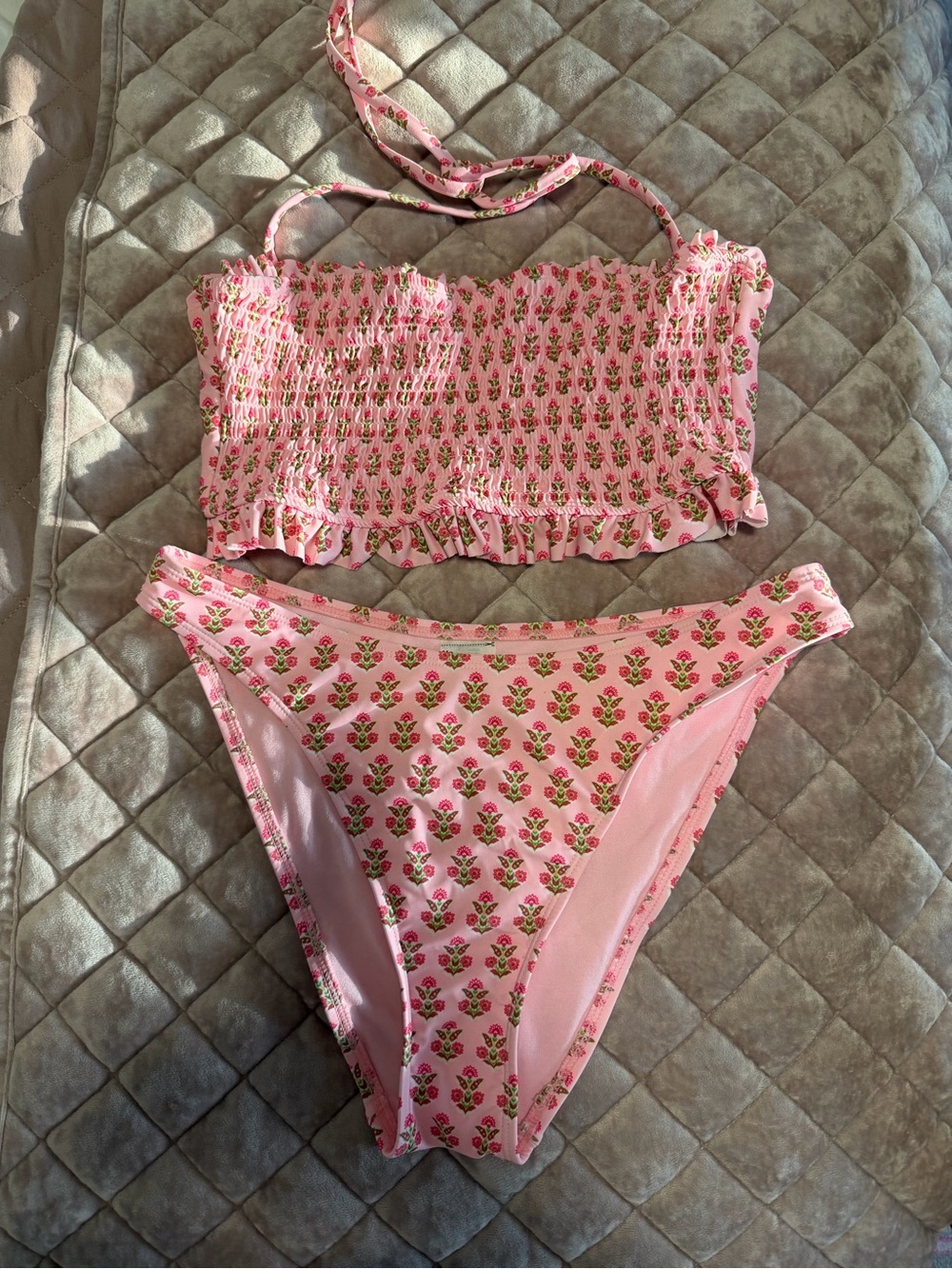 Time and Tru Pink Floral Smocked Bikini Set